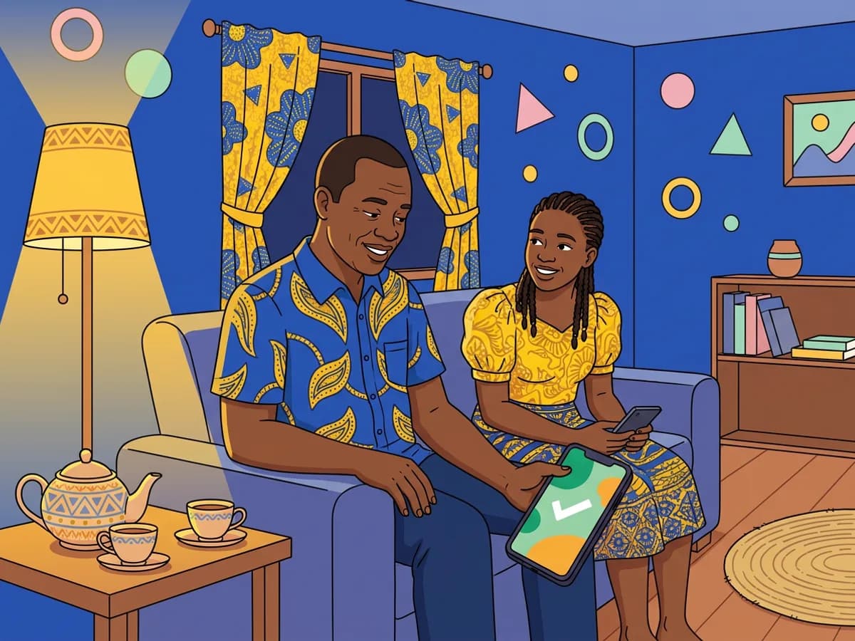 Un père paie l’abonnement sur son téléphone, assis à côté de sa fille.