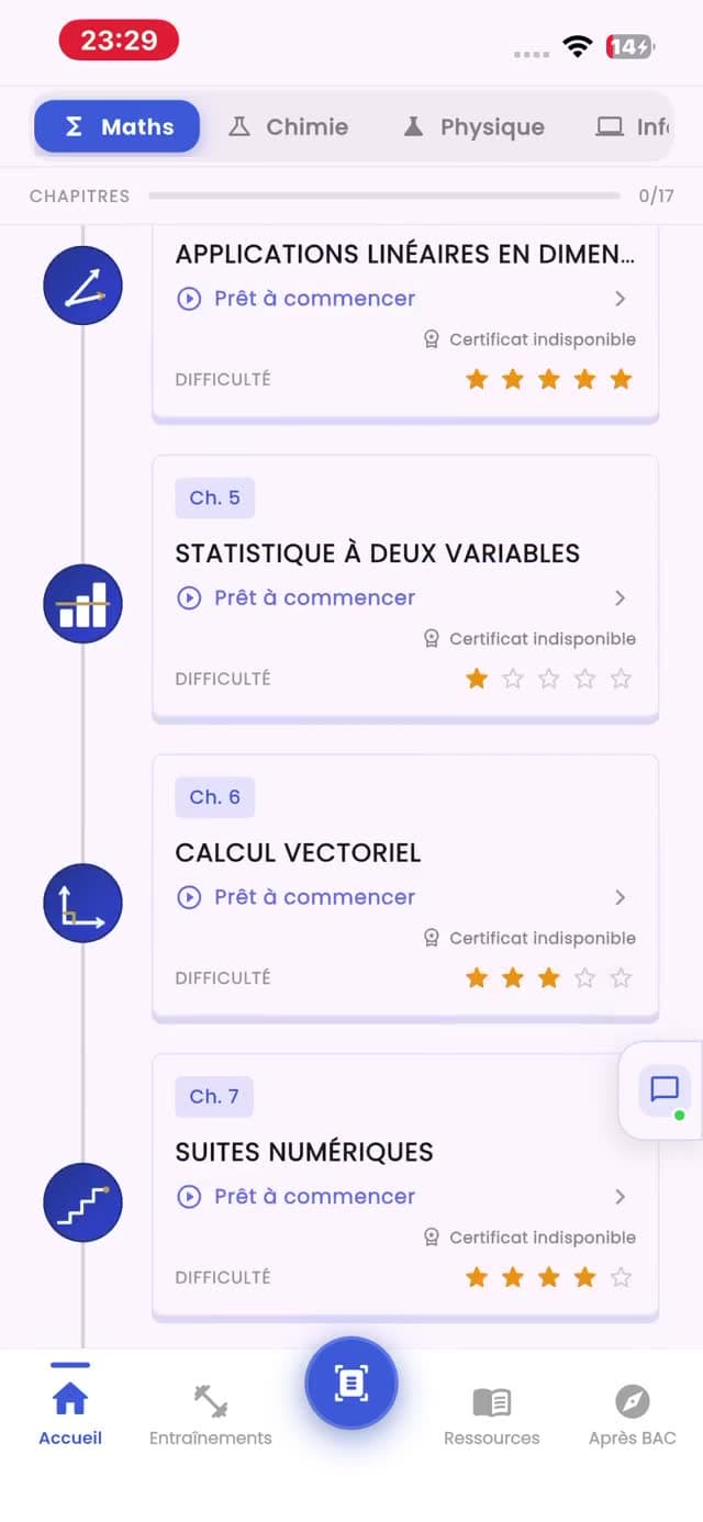 Les chapitres du mode BAC, dans l’ordre du programme