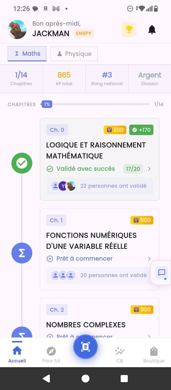 Tableau de bord — XP, rang, progression